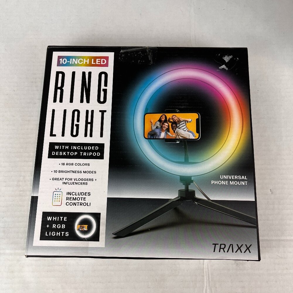 10" Traxx Ring light, w/stand and remote, untested, nib